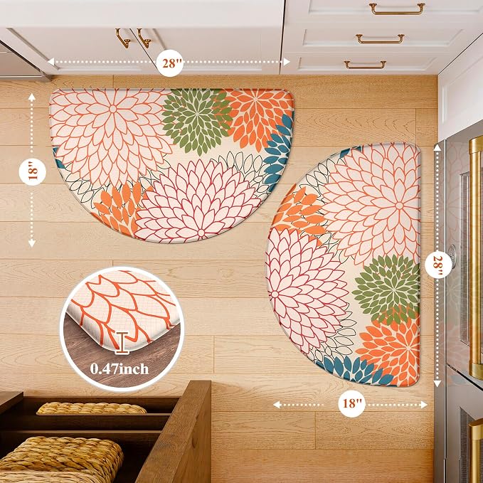 KIMODE Half Circle Kitchen Mats for Floor Cushioned Anti Fatigue 2PCS Semi | 28"x18"+28"x18",Half Round,Orange,Boho Kitchen Rug Sets of 2,Non Slip,Waterproof,Padded Kitchen Carpet Decor for Sink Laundry