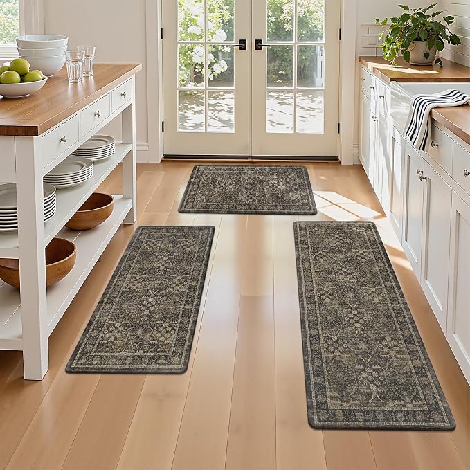 Pauwer Anti Fatigue Kitchen Floor Mats Set of 3, Cushioned Rugs, Taupe | Non Slip Comfort Standing Mat, PVC Foam Padded Kitchen Rugs, Waterproof Sink Rug for Small Kitchen Area, Laundry Room