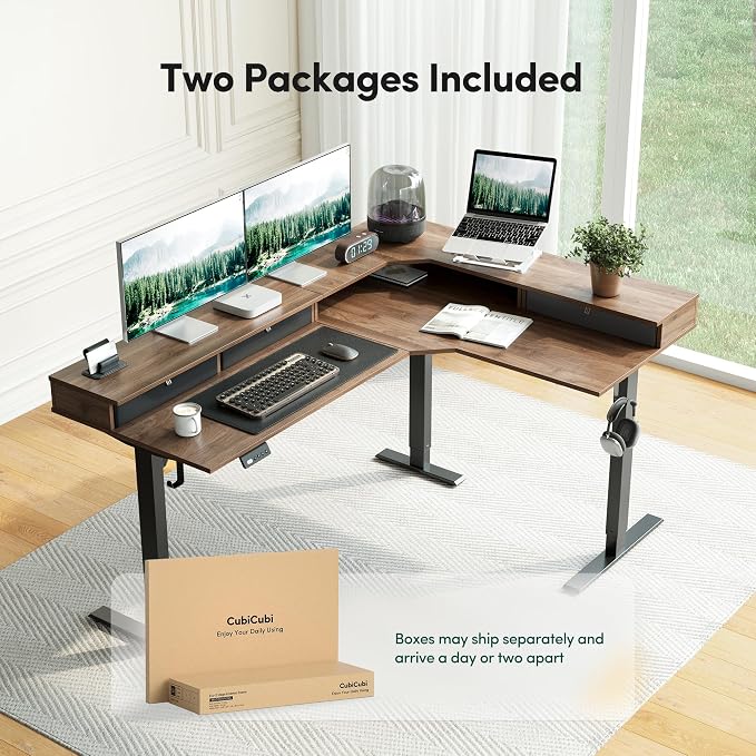 CubiCubi L Shaped Standing Desk with Drawers 63 x 48 Inch Adjustable Height, Electric Corner Desk with Storage, Sit Stand Home Office Desk with Splice Board, Black Walnut
