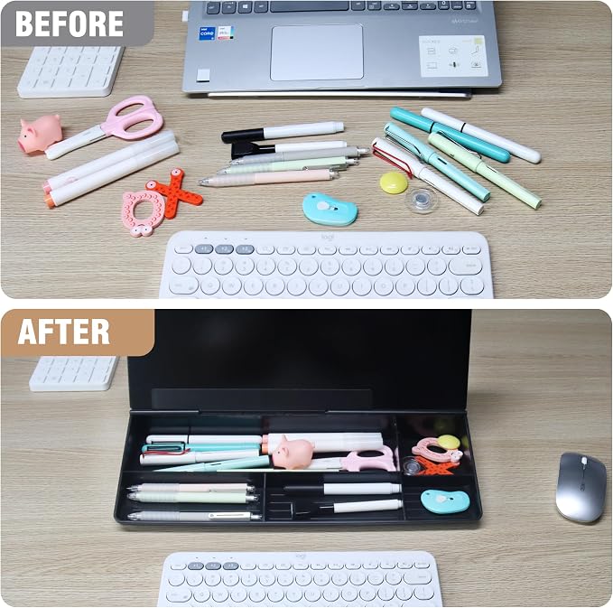 SELEAD Desktop Glass Whiteboard with Organizer, Markers, Eraser - Dry Erase Board Computer Pad Keyboard Stand with Drawer and Holder for Home, School, Office - Black