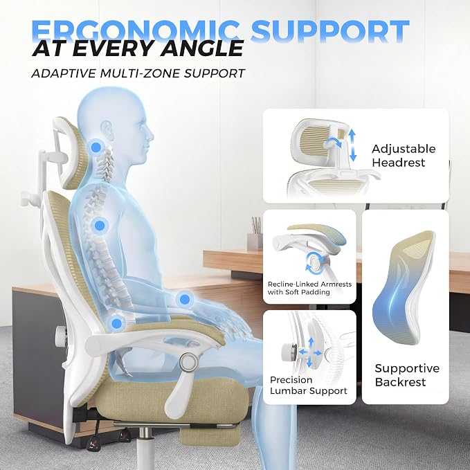 Ergonomic Office Chair - Adjustable Lumbar & Headrest, 90-160° Reclining with Footrest, Breathable Mesh Back - Home Office/Gaming Computer Chair