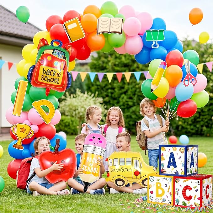 Back to School Arch Balloons Decorations, 89pcs Back to School Balloon Arch Garland Kit with Pencil Apple Schoolbag Bus Foil Balloons Back to School Balloons ABC Box etc Back to School Party Supplies