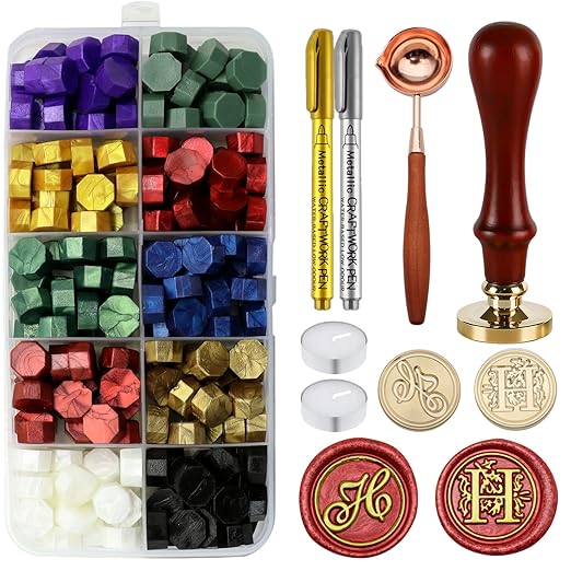 Letter Wax Seal Stamp Kit - Initial Alphabet H Stamp Head 2pcs, Vintage Monogram Stamps Wax Seal Kit with 200pcs Assorted Sealing Beads, Spoon, Metallic Gold Silver Pens