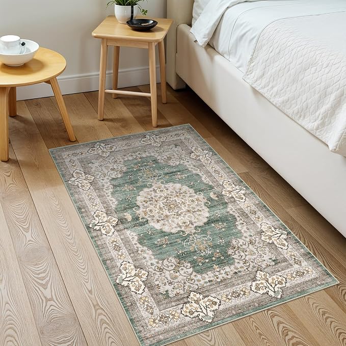 2x3 Washable Small Rug for Entryway: Indoor Vintage Oriental Area Rugs Stain Resistant Door Mat with Non Slip Backing Low Pile Thin Carpet for Bathroom (2x3 Green/Beige)