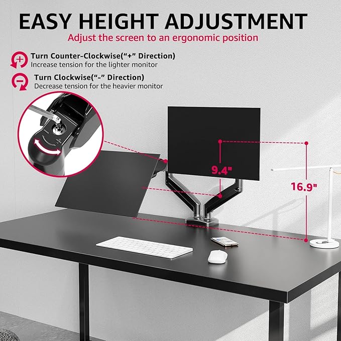 Redragon GMK915 Dual Monitor Mount Stand - Gas Spring Adjustable Arms with VESA 75/100mm, 13-32 Inch Screen Compatibility, C Clamp & Grommet Base, Cable Management, 17.6lbs Load Capacity