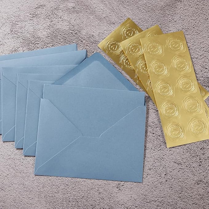 50 Pack Dusty Blue A6 Envelopes with Cards and Gold Stickers, 4x6 | With Thick Folded Cardstock, For Greeting Cards, Wedding, Birthday, Invitations, Baby Showers