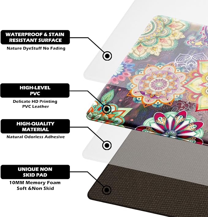 Boho Red Floral Kitchen Rugs Mats for Floor 2 Piece Memory Foam Padded Kitchen Mats Anti Fatigue Non Slip Cushioned Comfort Standing Mat, 17.3x28+17.3x47 Inch