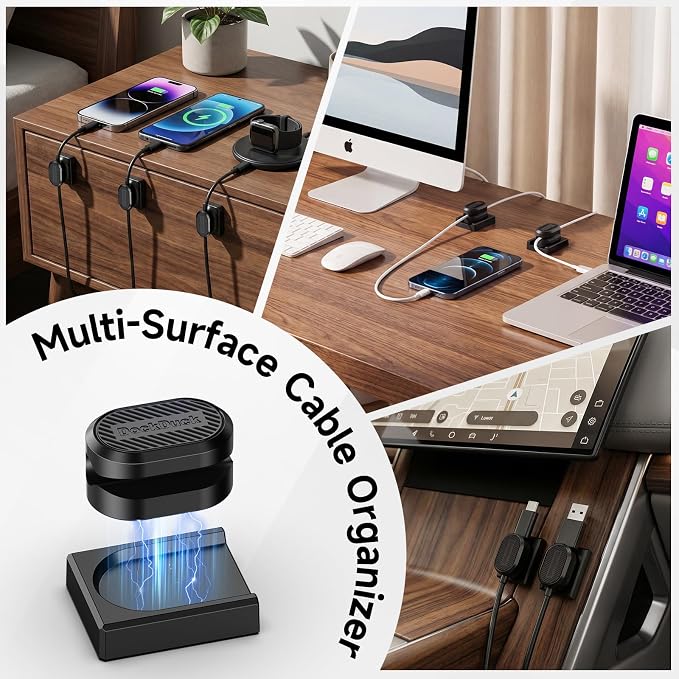 3-Pack Magnetic Cable Clips with Detachable Base, Auto Snap Cord Holder for Desk, Self-Adhesive Cable Organizer Compatible with Round and Flat Cables for Home Office Car