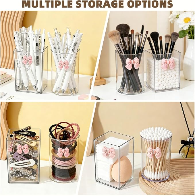 2 Pack Pen Pencil Holder for Desk, Acrylic Desk Organizer with Bow Clear Makeup Brush Holder Cup Desktop Stationery for Office School (Transparent)