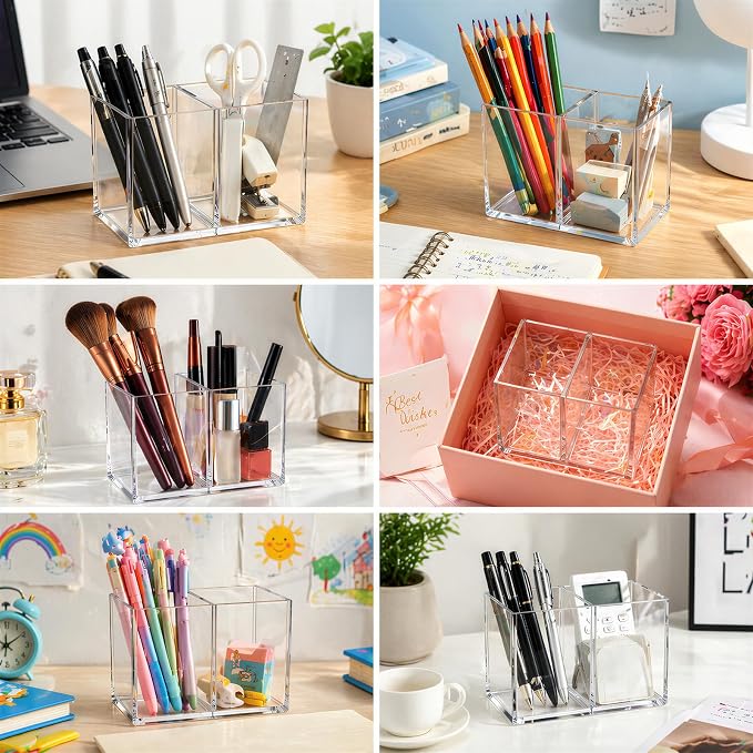 Gejoy 20 Pcs Acrylic Pencil Pen Holder Clear Makeup Brush Organizer 2 Compartments for Desktop Stationery Office Bedroom