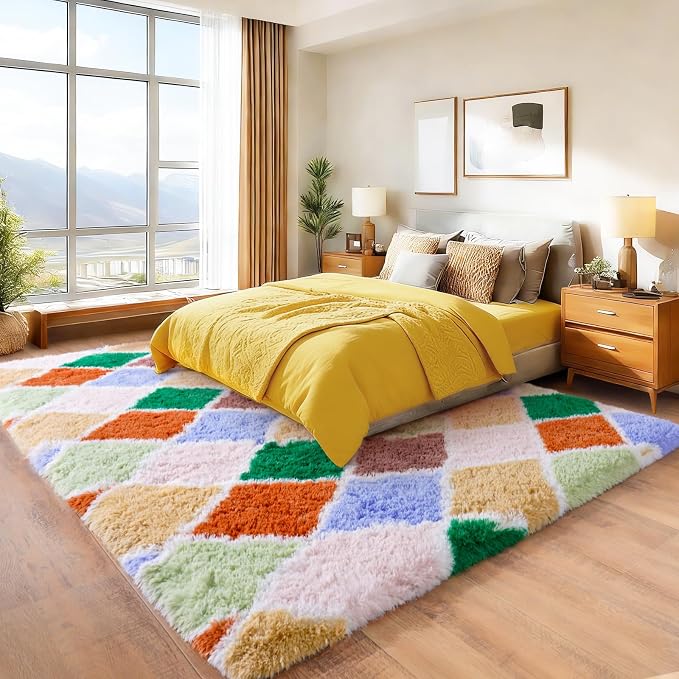 Checkered Rug for Bedroom 5x7, Ultra Fluffy Fuzzy Shag Area Rugs for Living Room, Anti-Skid Indoor High Pile Soft Rug Carpet for Living Room Bedroom Kids Room Nursery, Dorm Home Decor, Colorful