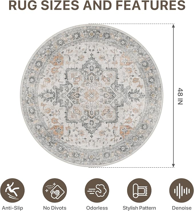 Office Chair Mat for Hardwood Tile Floor, Under Desk Carpet Protector for Rolling Computer Chair Mat, Round Washable Rugs 4ft Circle Area Rug, Anti-Slip 1/5" Thick Low Pile Thin Floor Mat, Taupe