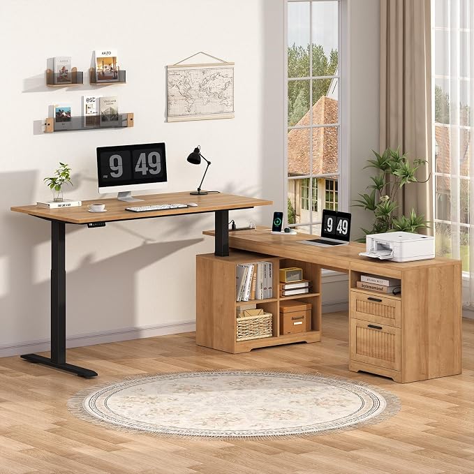 YOMILUVE 66 inch Fluted L Shaped Standing Desk with Storage for Home Office | Corner Electric Standing Desk with Drawers & Storage Shelves, Height Adjustable Computer Desk with Power Outlets, Oak