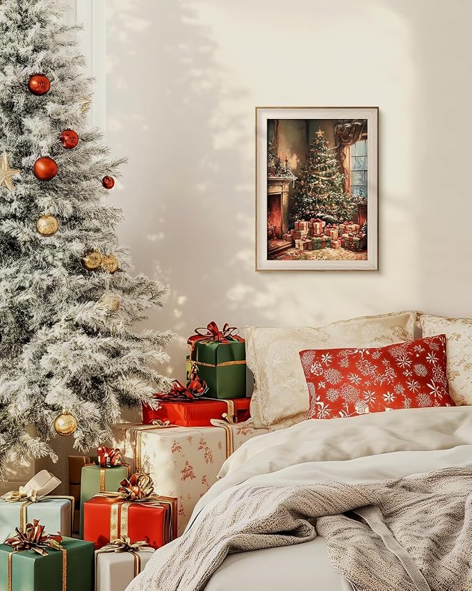 VIYYIEA Winter Framed Wall Art for Living Room, Christmas Tree Canvas Prints, Oil Painting Home Decor, Christmas Picture, Bathroom Wall Decor Gifts for Friends or Family - 16L x 12W