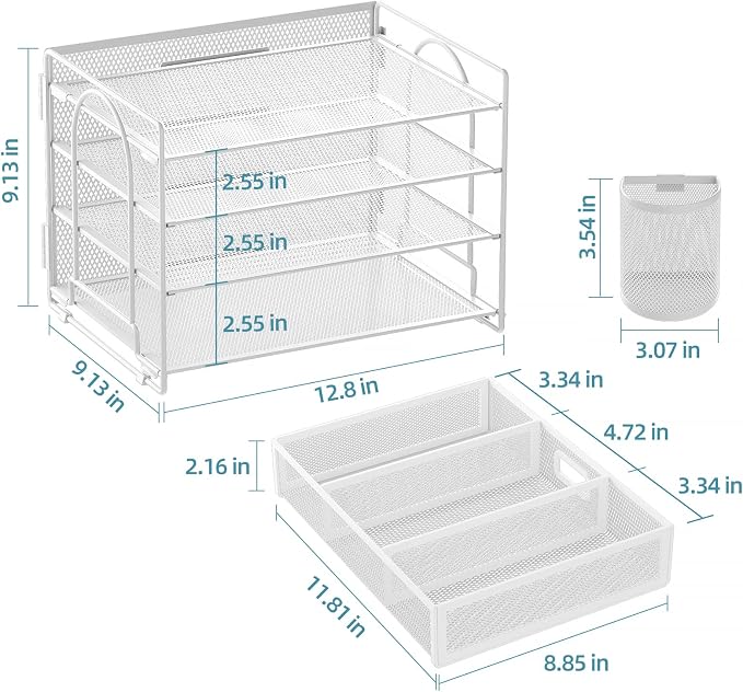 Marbrasse Desk Organizer, 4-Tier Paper File Letter Tray, White | Sturdy Paper Tray, File Holder, Built-in Drawer, 2 Pen Slots, fits Letters/Files, for School Home Office Supplies