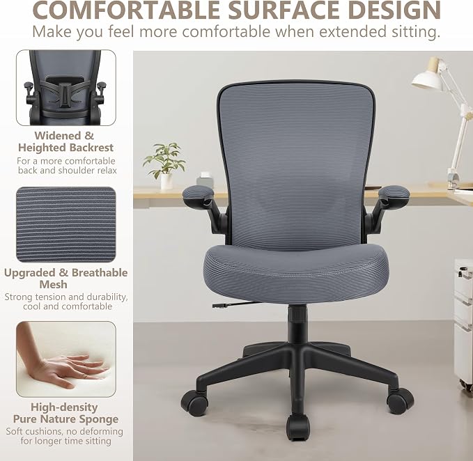 FelixKing Office Chair, Ergonomic Desk Chair Breathable Mesh Chairs Adjustable High Back Lumbar Support Flip-up Armrests, Executive Rolling Swivel Comfy Computer Chairs Home Office Slate Gray