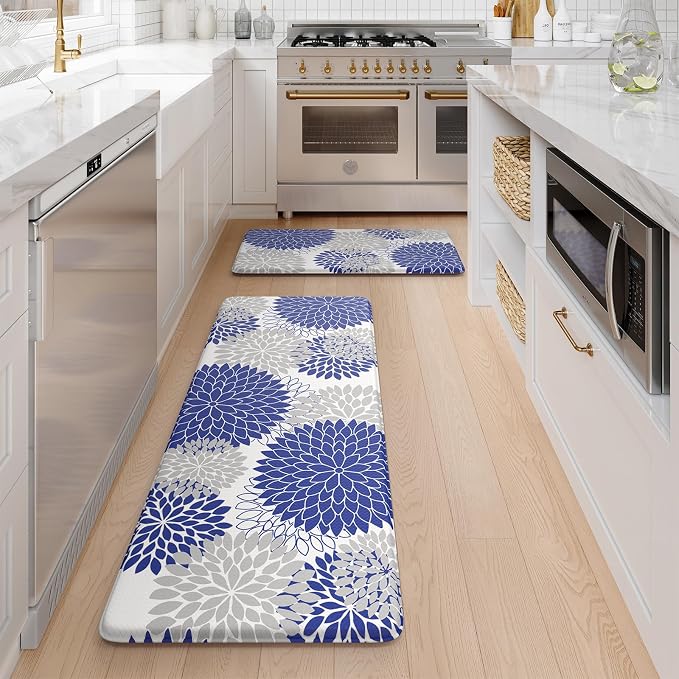 KIMODE Anti Fatigue Mats for Kitchen Floor Cushioned Kitchen Rugs Sets of 2 | 17"x47"+17"x29",Blue,Dahlia Floral Boho,Non Slip Rubber Backing,Waterproof,Wipe Clean,Standing Mat for Office Laundry Sink