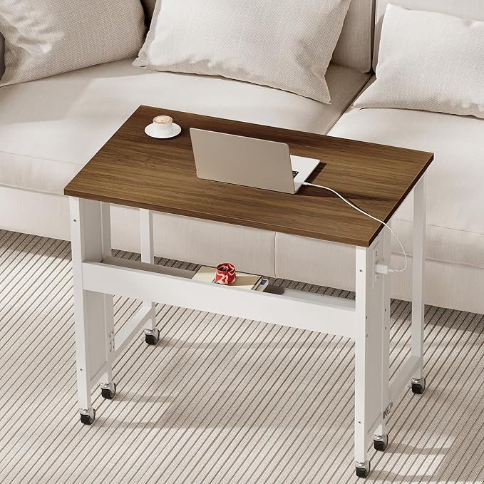 CHOEZON Folding Desk with Power Outlets, 31.5" Rolling Computer Table with Wheels, Portable Office Desk with Storage Shelf for Small Spaces Rustic Brown and White TDN01UWL