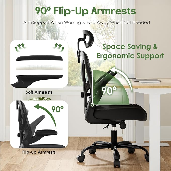 Office Chair Ergonomic Desk Chair - Mesh High Back Office Chair with Headrests Wheels Lumbar Support Home Desk Office Chairs Flip up Armrest Executive Rolling Computer Chair Black 8 Pack