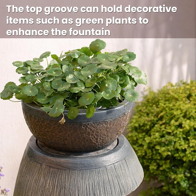Sunlinua 31.9" S-Shaped Water Outdoor Fountain–Modern Cascading Waterfall Feature with LED Lights & Planter Bowl, Garden Fountains Outdoor for Patio, Balcony, Yard or Home Decor, Resin Waterfall