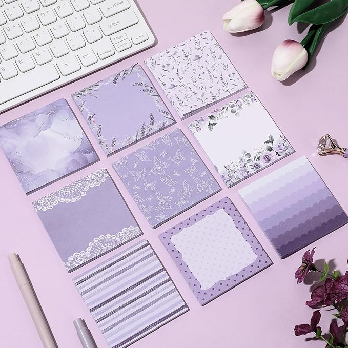 9 Pcs Aesthetic Sticky Notes Cute Pastel Self Stick Notepads Easy to Post Desk Supplies for Home Office Decor School Accessories Women Birthday Coworker Gifts(Purple)