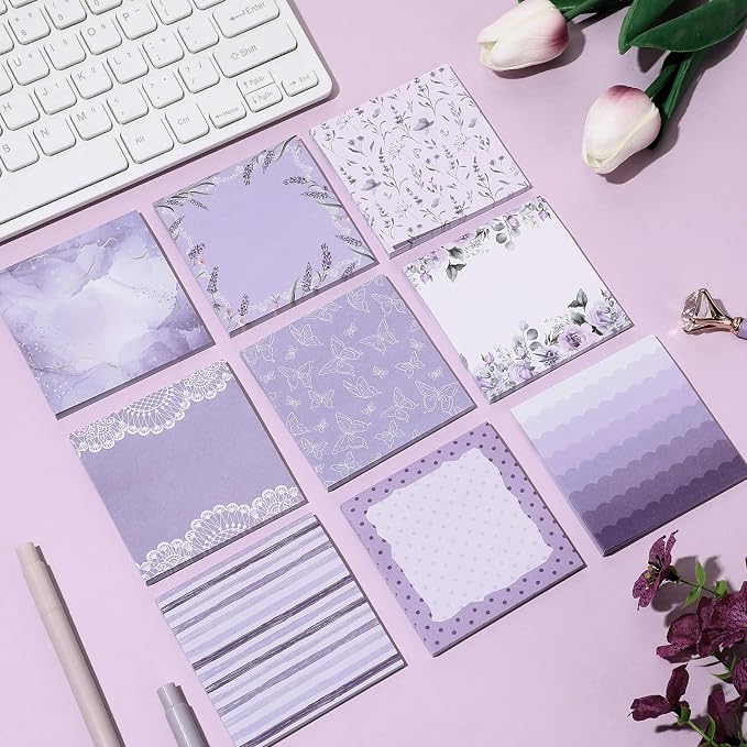 9 Pcs Aesthetic Sticky Notes Cute Pastel Self Stick Notepads Easy to Post Desk Supplies for Home Office Decor School Accessories Women Birthday Coworker Gifts(Purple)