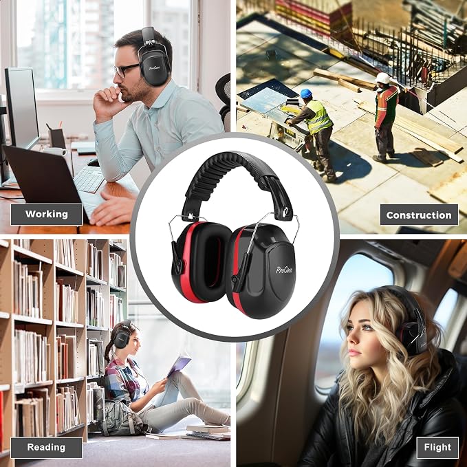 ProCase NRR 28dB Noise Reduction Ear Muffs, Foldable Adjustable Passive Noise Cancelling Headphones for Adults Kids Autism, Hearing Protection for Shooting, Construction, Mowing -2 Packs, Red