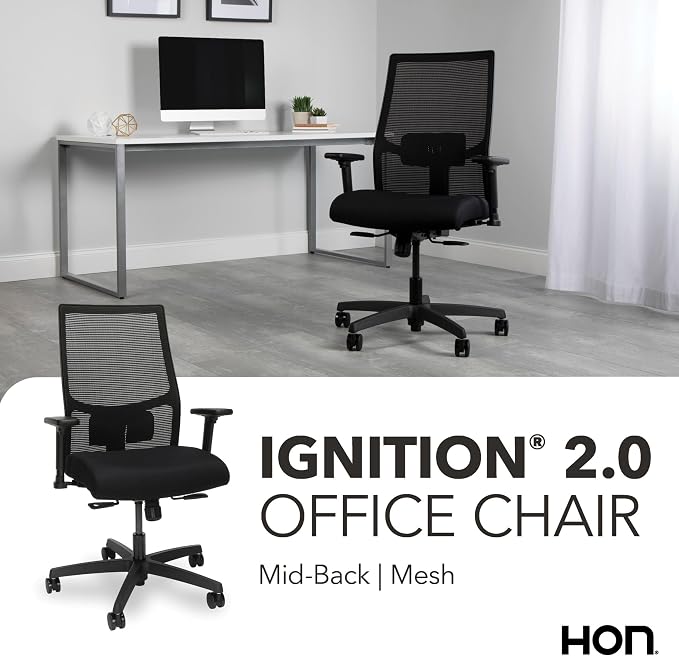HON Ignition 2.0 Mid‑Back Ergonomic Office Chair, Mesh Task Desk Chair with Lumbar Support, Standard Synchro‑Tilt, Height and Width Adjustable Arms, Black Frame, Black
