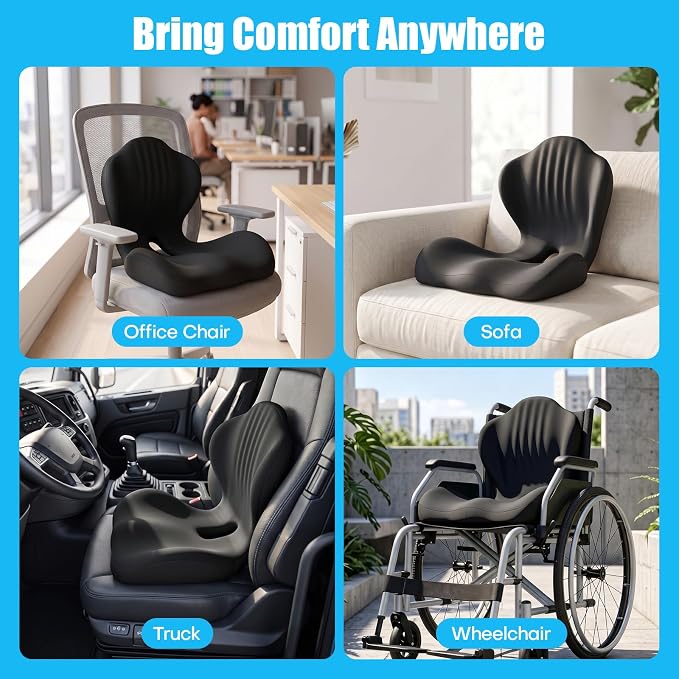 Ergonomic Seat Cushion for Tailbone Sciatica Lower Back Pain Relief, L-Shaped Seashell Memory Foam Coccyx Hollow Cushion, 2-in-1 Lumbar Back Support Pillow for Office Gaming Car Chair Black