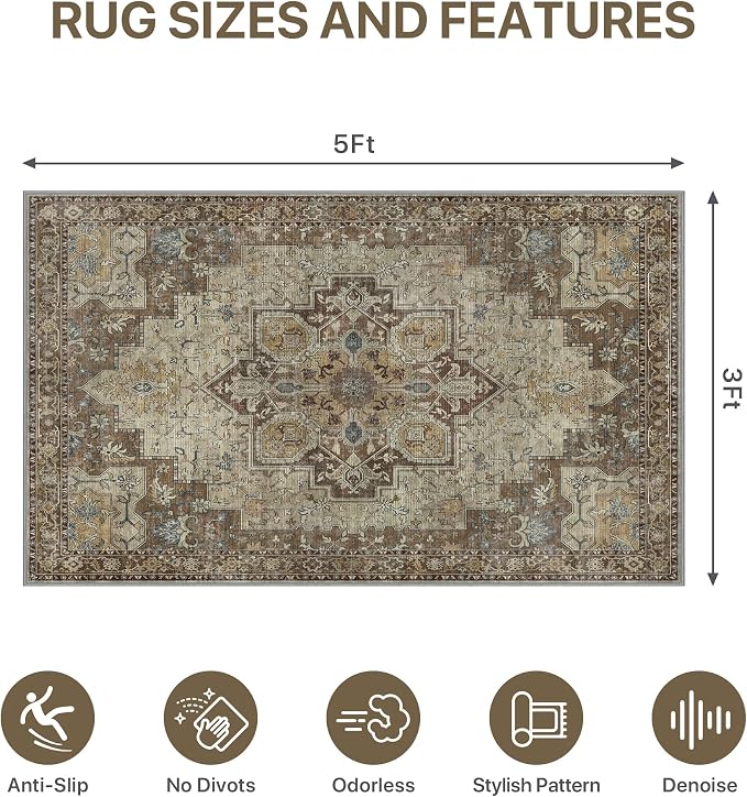 36"x60" Office Chair Mat for Hardwood Tile Floor, Under Desk Carpet Protector for Rolling Computer Chair Mat, Machine Washable Area Rug, Anti-Slip 1/5" Thick Low Pile Thin Vinyl Floor Mat, Brown
