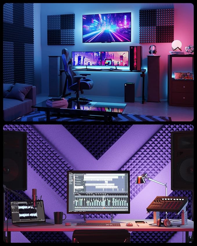 Sonicism Sound Proof Foam Panels for Walls Self-Adhesive 12 Pack Pyramid 1" X 12" X 12" Soundproof Wall Panels High Density Acoustic Panels Foam Fast Expand,Sound Absorption & Decoration,Black/Gray