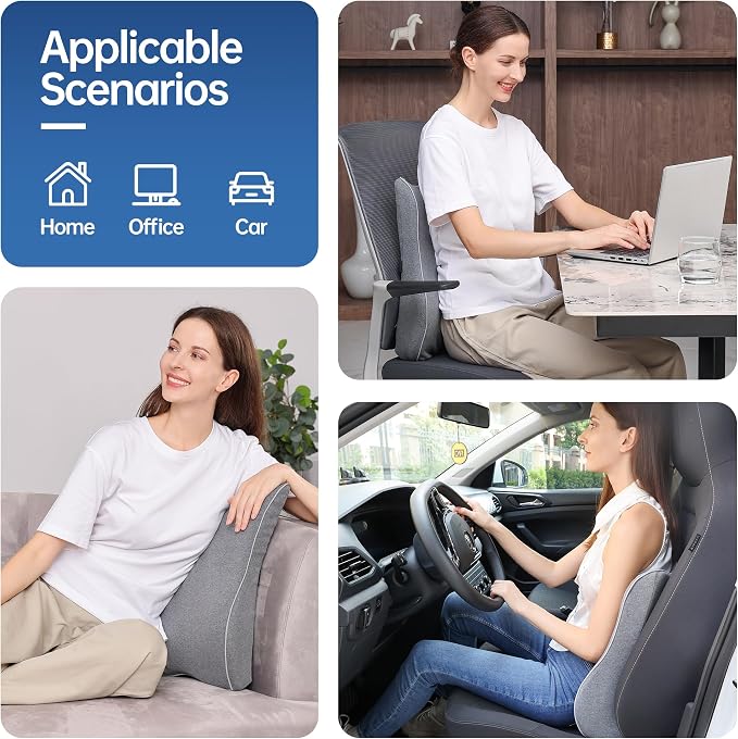 Plush Comfortable Memory Foam Lumbar Support Pillow - Soft Back Cushion for Office Chair, Car Seat, Gaming Chair - Ergonomic Lower Back Pain Relief with Adjustable Straps & Washable Cover-Grey