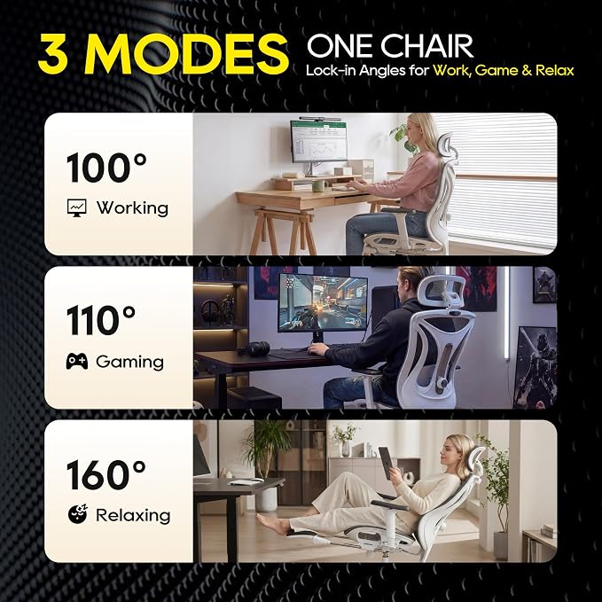 CYKOV Ergonomic Office Chair with Footrest - Adjustable Lumbar Support & Headrest, 90-160° Reclining Mesh Back Computer Chair - Home Office/Gaming, 350lbs Capacity (W-Black, Mesh)