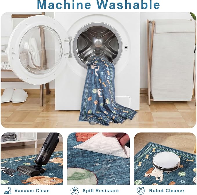 DUKINO 2x6 Washable Runner Rug for Hallway, Non Slip Animal Dog Kitchen Rug with Low Pile Design, Ultra Soft & Stain Resistant Indoor Carpert Runner for Entryway, Bedroom, Laundry, Bathroom, Blue