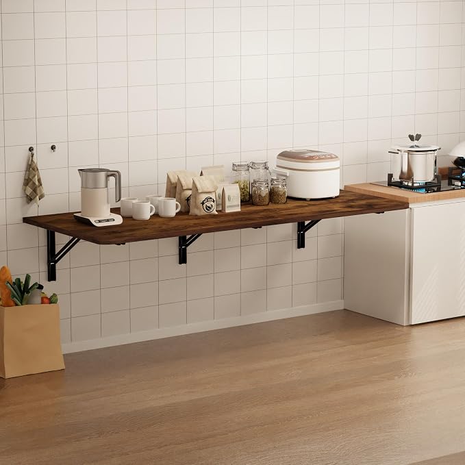 IAE Wall Mounted Floating Foldable Desk, 60" x 22" Folding Computer Workstation Table with Engineered Wood and Metal Shelf Brackets,Fold&Floating Design for Home Office, Apartment,Laundry Room,Rustic
