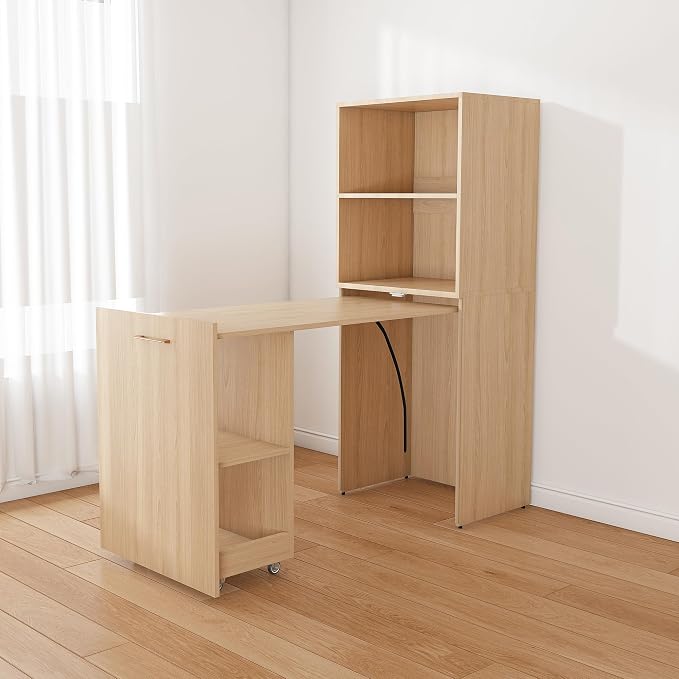 Foldable Desks for Small Spaces, Wood Murphy Desk with Storage Shelves, Folding Out Desk with Wheels, Space Saving Compact Computer Table, Hidden Desk for Apartment Bedroom Dorm Room (Natural Wood)