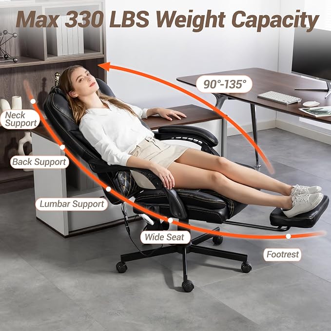 Heated Massage Executive Office Desk Chair with Footrest - Black | 6 Points Vibration Massage System, 5 Massage Modes, 3 Target Areas (Back,Lumbar,Seat), Reclining 90°-135°