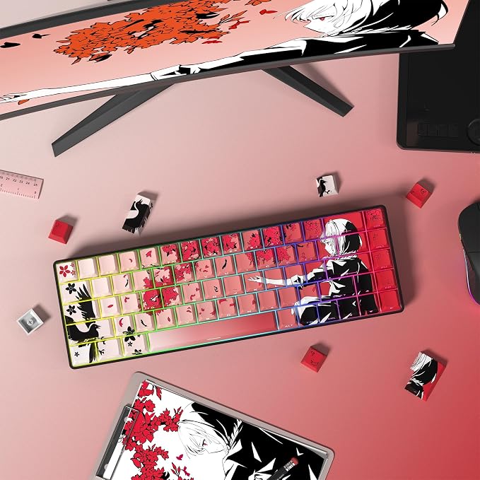 Rainy Japanese Anime Keycaps Shine Throgu Key Caps,Cherry Keycaps 129 Keys PBT Dye Sublimation Custom Keycaps Set for Mechanical Keyboard 61/64/75/84/87/104/108 Layout with Key Puller (Red)
