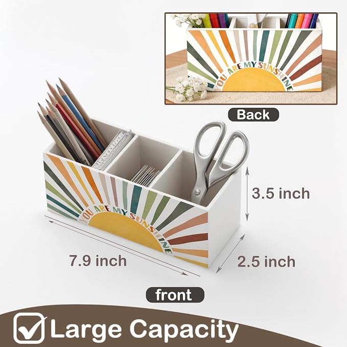 Boho Sun Motivational Wooden Pen Holder for Desk, You Are My Sunshine Positive Affirmation Pencil Organizer Wooden Box Sign for Kids Room Classroom Home Office Decoration
