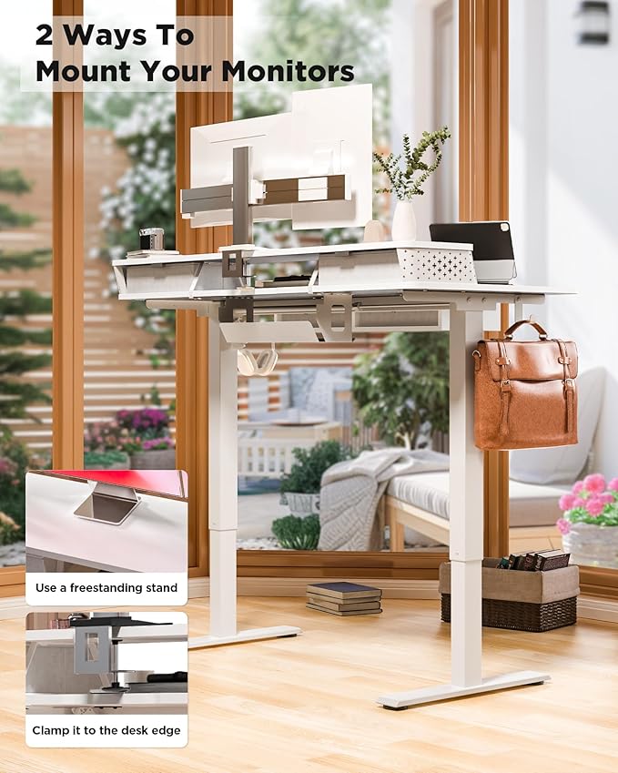 FiCiHi 55x24 Inch Electric Standing Desk, 4 Drawers, Adjustable Height Desk | Sit Stand Computer Desks, C-Clamp Compatible Home Office Desk with Monitor Stand, Cable Management, 3 Preset Heights