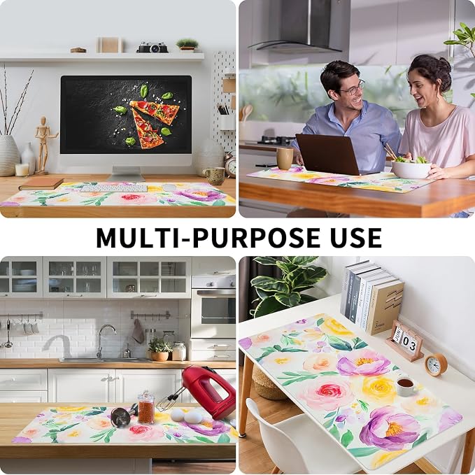 Purple Floral Desk Mat for Desktop, Women Girls Flowers PU Leather Waterproof Desk Pad, Computer PC Laptop Protector Mouse Pads for School Office Home/31.5" x 15.7"
