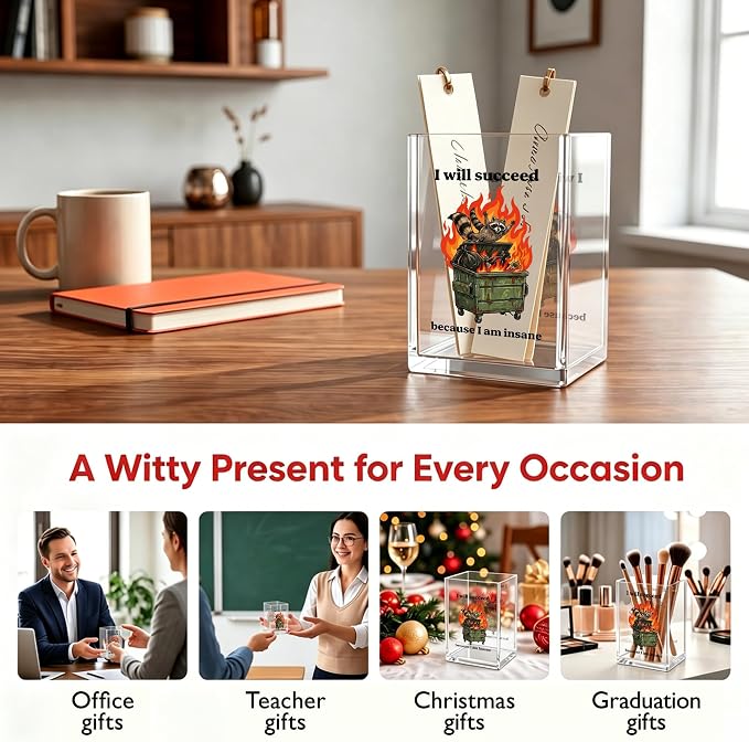 Funny Raccoon Dumpster Fire Office Acrylic Cosmetic Pen Pencil Holder Cup, I Will Succeed Because I Am Insane Humor Pencil Organizer, Unique Desk Accessories, Sarcastic Gifts for Women Men(A45)