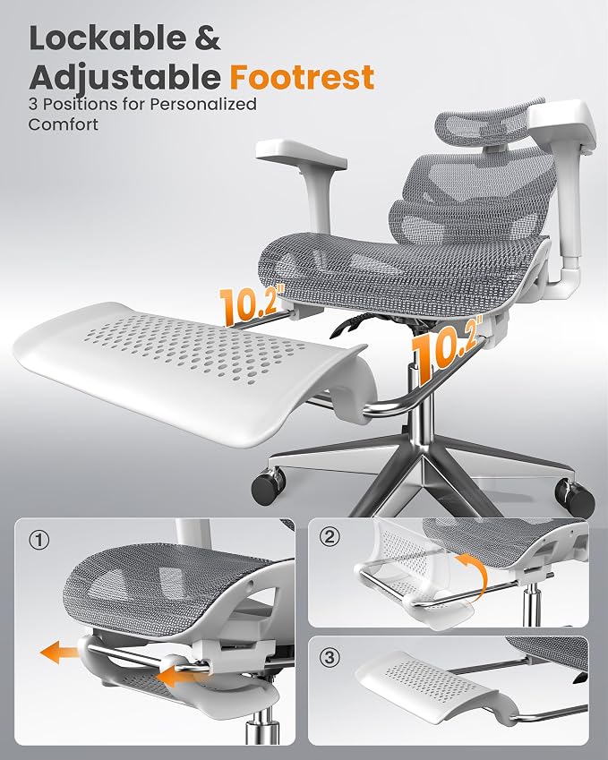 naspaluro Ergonomic Office Chair Lumbar Support High Back 350lbs Capacity | Adjustable Height Breathable Mesh Swivel Desk Chair with 3D Armrest Headrest, Footrest, PU Wheels, Comfy Computer Chair Grey