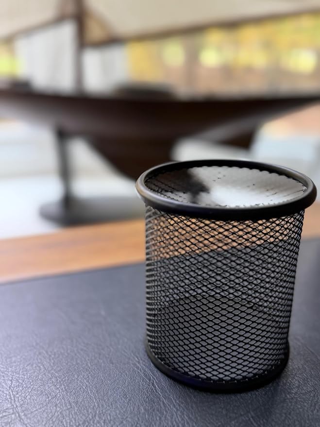 Lantern & Pine Co. Metal Mesh Pen Holder, Modern Office Desk Organizer in Black, Blue, Pink, Minimalist Design Pencil Cup Caddy (Black)