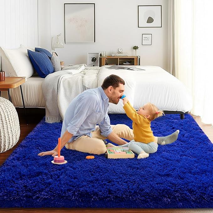 4x6 Area Rug for Bedroom, Blue Rugs for Living Room Nursery Kids Room Dorm Home Decor Aesthetic, Fluffy Shaggy Rug with 4 Anti-Slip Carpet Tapes, Navy Blue