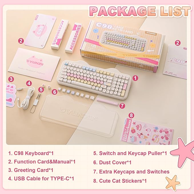 YUNZII C98 Wireless Mechanical Keyboard with Number Pad,99 Key BT5.0/2.4G/USB-C Hot Swap Gasket Mount with PBT MOA Keycaps,Custom RGB,Cute Cake Keyboard for Win/Mac (Beige, Milk V2 Linear Switch)