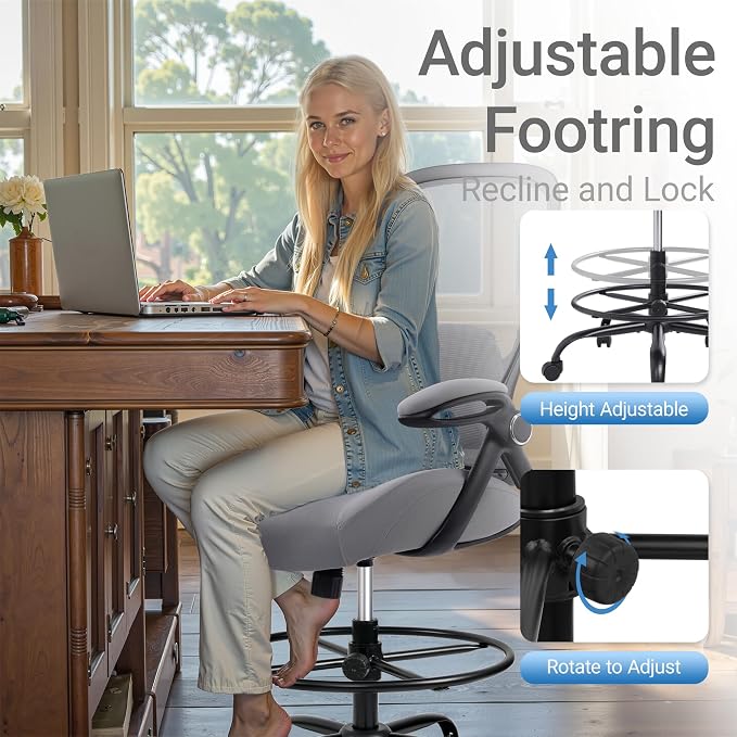 HYLONE 400lbs Heavy Duty Drafting Chair 5" Thickened Seat Office Chair with Flip-Up Armrests Tall Ergonomic Computer Chair with Lumbar Support and Adjustable Footrest Ring Standing Desk Chair(Grey)