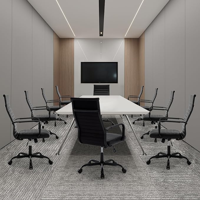 Office Chair, Ergonomic Executive Conference Room Chairs, Ribbed Leather Desk Chair with Lumbar Support, Adjustable Height Mid-Back Swivel Chair with Padded Seat