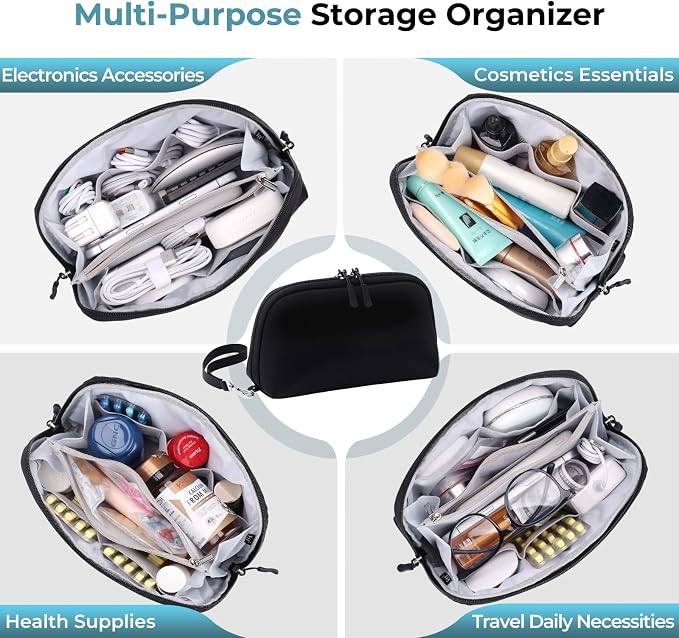 FYY Travel Cable Organizer - 8 Compartments Lightweight Water Resistant Tech Pouch with Wrist Strap, Portable Electronic Accessories Case for Cord Charger Storage for Travel Home Office Black (Large)