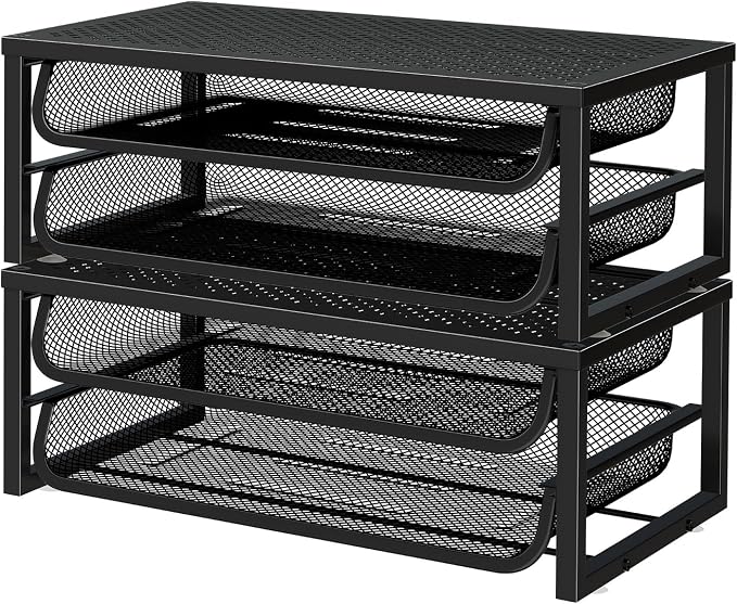 Ekisemio 2-Pack 2-Tier Monitor Stand Riser with Drawer, Metal Computer Desk Organizer for Home Office, Black